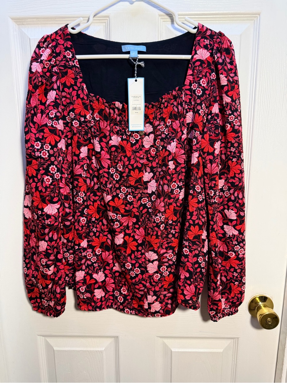 Draper James Black Top with Red & Pink Floral Print